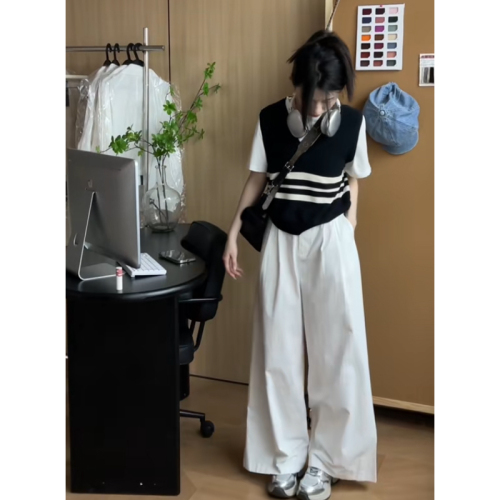 Korean sweet college style fake two-piece sweater for women summer new striped contrasting short-sleeved age-reducing top