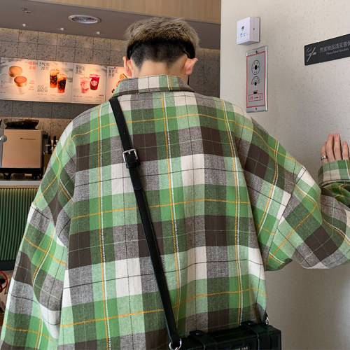 Spring new style Hong Kong style outdoor large size plaid casual long-sleeved shirt