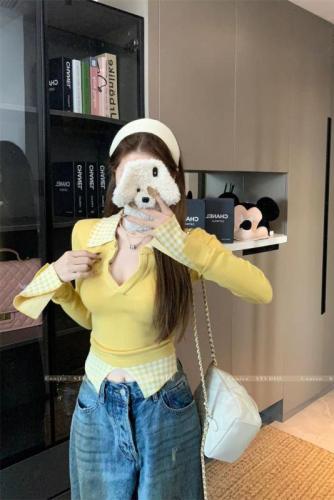 Autumn and winter plaid splicing fake two-piece V-neck sweater for women