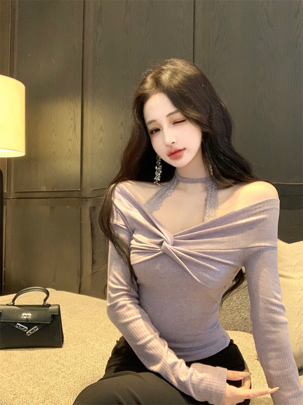 Pure Desire Lace Halter Neck Off-Shoulder Elegant Versatile Knitted Sweater Top