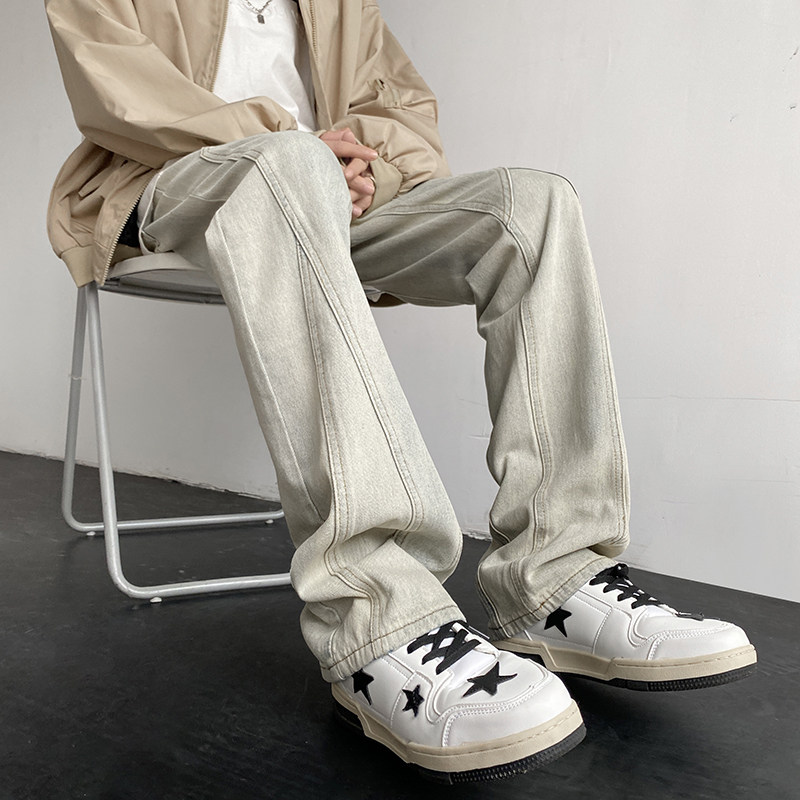 Street yellow mud washed jeans men's line design trendy brand slim straight leg slightly flared pants