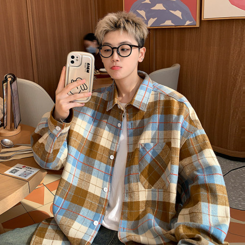 Spring new style Hong Kong style outdoor large size plaid casual long-sleeved shirt