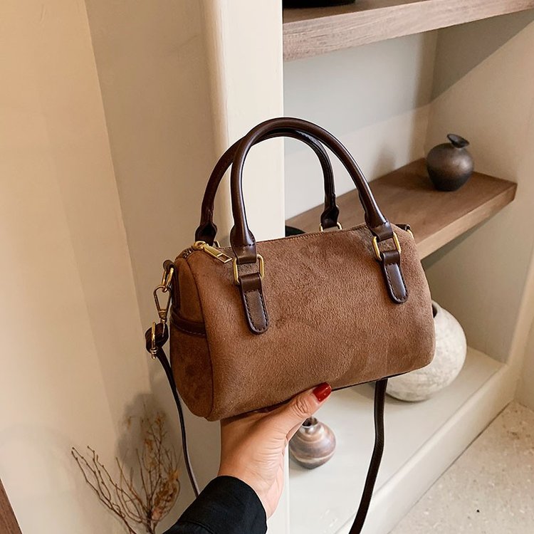Bags for Women New Style Retro Suede Versatile Shoulder Diagonal Small Bag Cylindrical Pillow Bag Boston Handbag