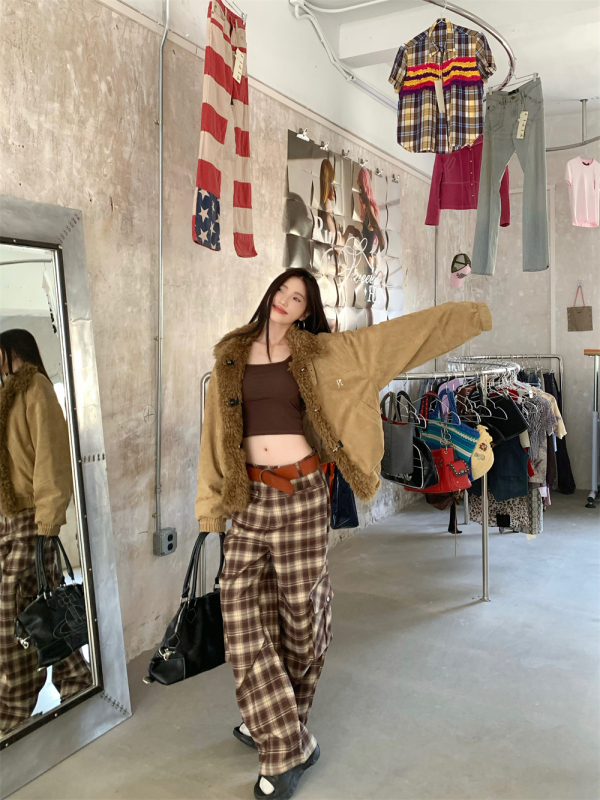 Autumn and winter retro suede new design brown cotton-padded jacket suede short-haired cotton jacket pants