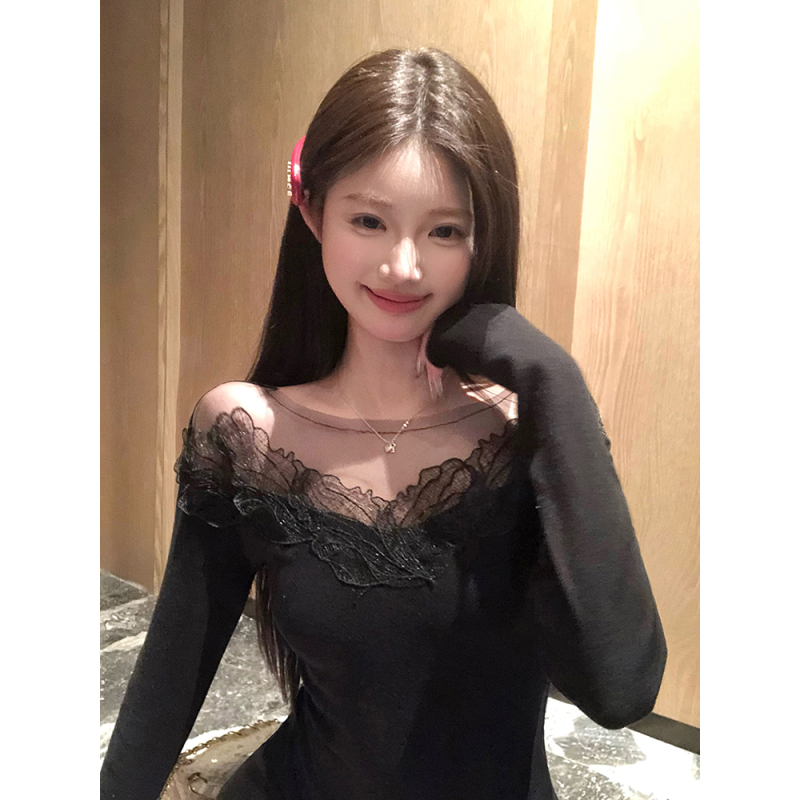 Lace splicing pure lust atmosphere long-sleeved knitted autumn and winter inner top