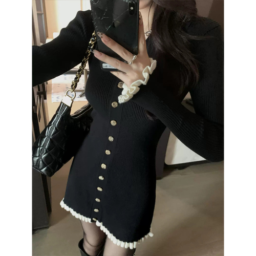 Hot girl temperament black long-sleeved knitted hip-hugging short skirt autumn and winter dress for women