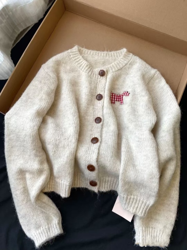 Sweet style puppy patch sweater women's autumn gray niche long-sleeved sweater top loose cardigan jacket