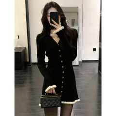 Hot girl temperament black long-sleeved knitted hip-hugging short skirt autumn and winter dress for women