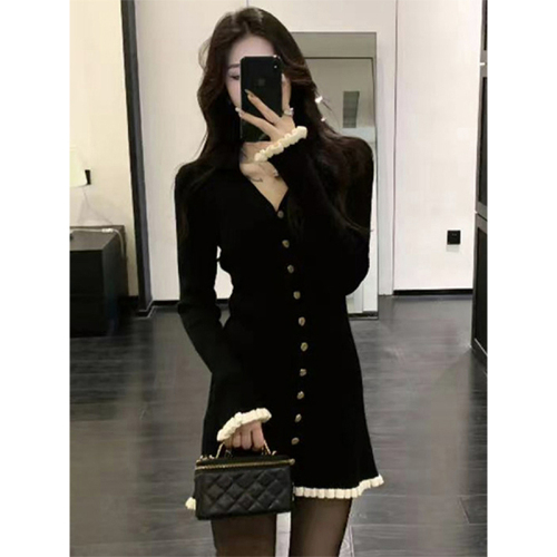 Hot girl temperament black long-sleeved knitted hip-hugging short skirt autumn and winter dress for women