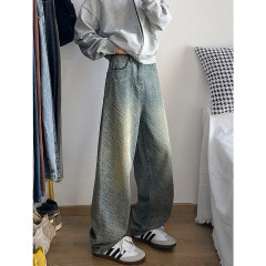 Autumn new textured jacquard retro distressed jeans for men and women loose floor mopping pants