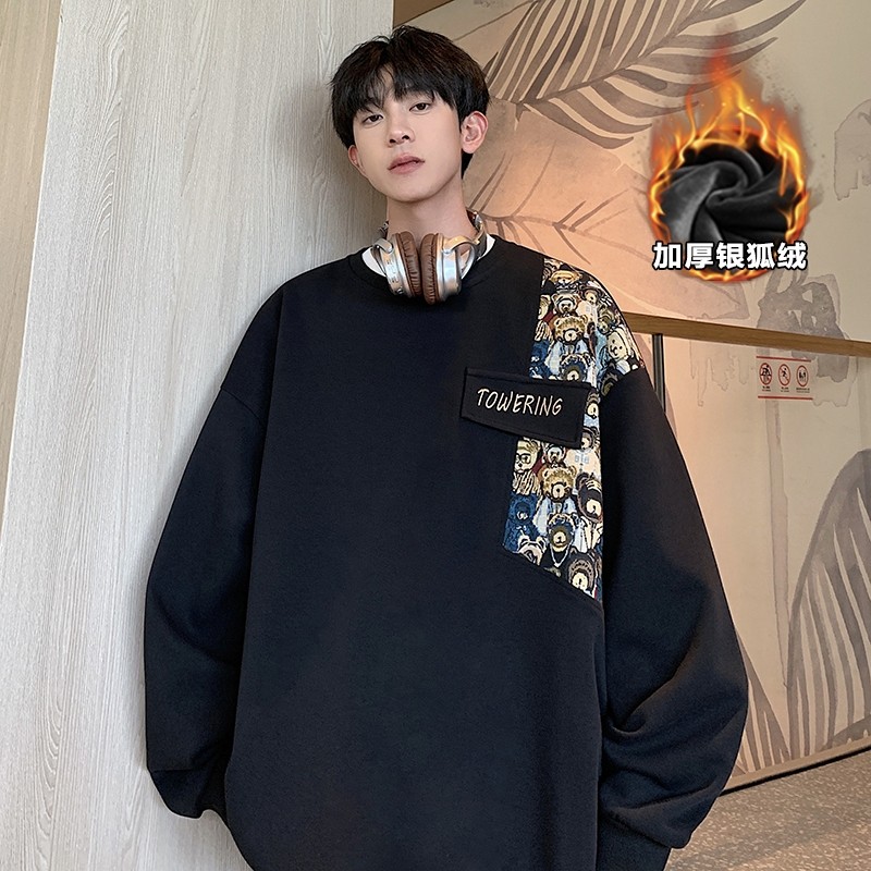 Men's Chinese style patchwork round neck sweatshirt