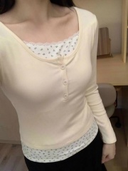 Floral Fake Two Piece Long Sleeve T-Shirt Women's Bottoming Shirt Pure Desire Chic Sweet Spicy Short Top