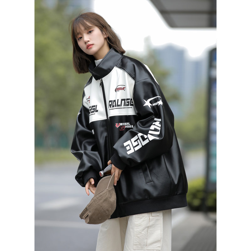 Unisex autumn clothing Hong Kong style motorcycle clothing PU leather clothing men and women couple loose jacket autumn large size coat