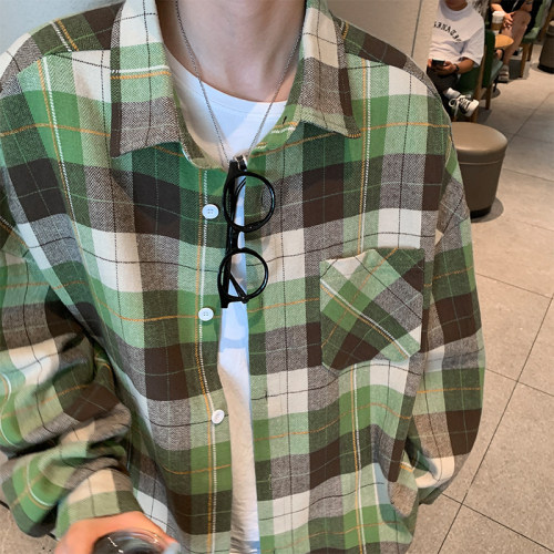 Spring new style Hong Kong style outdoor large size plaid casual long-sleeved shirt