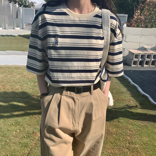 Retro Striped Short Sleeve T-Shirt Women's Summer Loose Slim Embroidered Contrast Color Round Neck Casual Half Sleeve Top