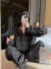Old money style leopard print pajamas set for women in autumn and winter new style American retro light luxury temperament home wear