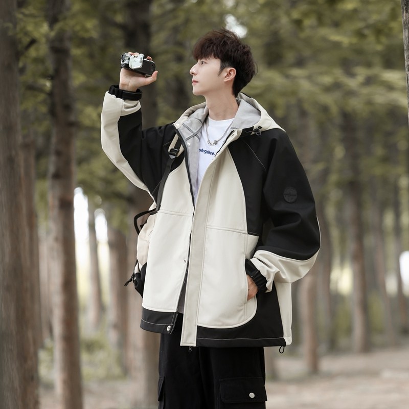 Thickened warm Hong Kong style exterior contrasting color hooded jacket loose large size jacket for men