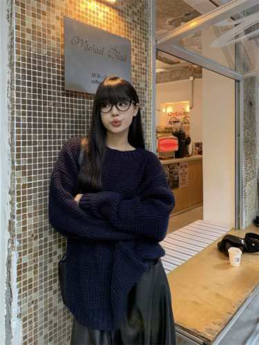 Style navy blue versatile loose round neck soft waxy thickened sweater + thickened vest cotton coat