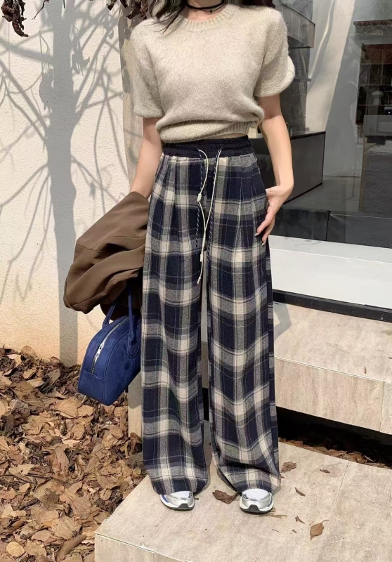 Pants cashmere thickened 420g elastic waist color matching design plaid straight pants high waist versatile wide leg pants