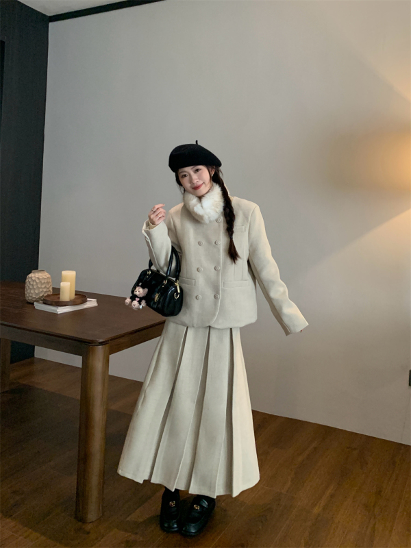 Korean style woolen quilted high-end small fragrance suit, thickened to look like a wealthy daughter