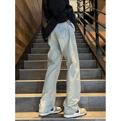 High street vide denim straight leg slightly flared stretch casual pants