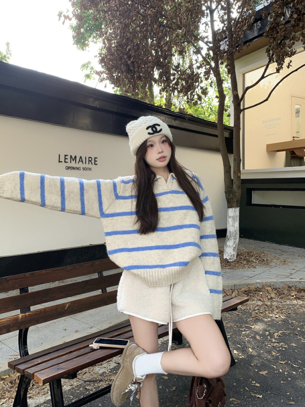 Korean style simple striped atmosphere lapel sweater high waist slim lamb wool shorts two-piece set