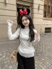 Milk-based cream layered lace half turtleneck long-sleeved slim-waisted lace-up top