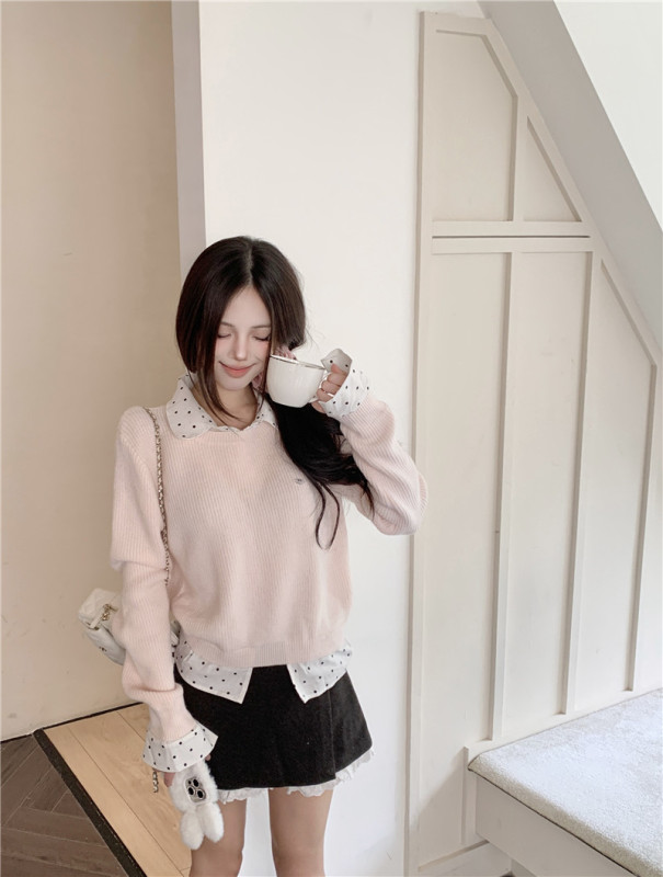 Retro academic knitted sweater women's fall and winter two-piece polka-dot collar contrast top