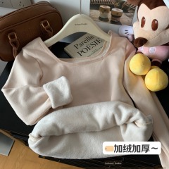 Korean style U-neck bottoming shirt, long-sleeved warm plus velvet thickened autumn and winter tops and bottoming shirt