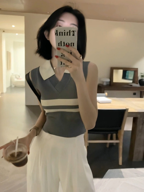 Gray Polo collar striped knitted vest suspender women's summer lapel waistcoat hot girl slim short sleeveless top