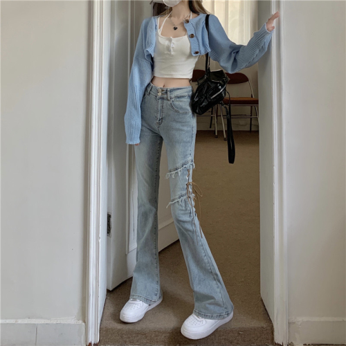 American retro strappy jeans for women in spring and autumn, high-waisted, straight-leg pants for small people, micro-flared pants, high-street micro-flared pants