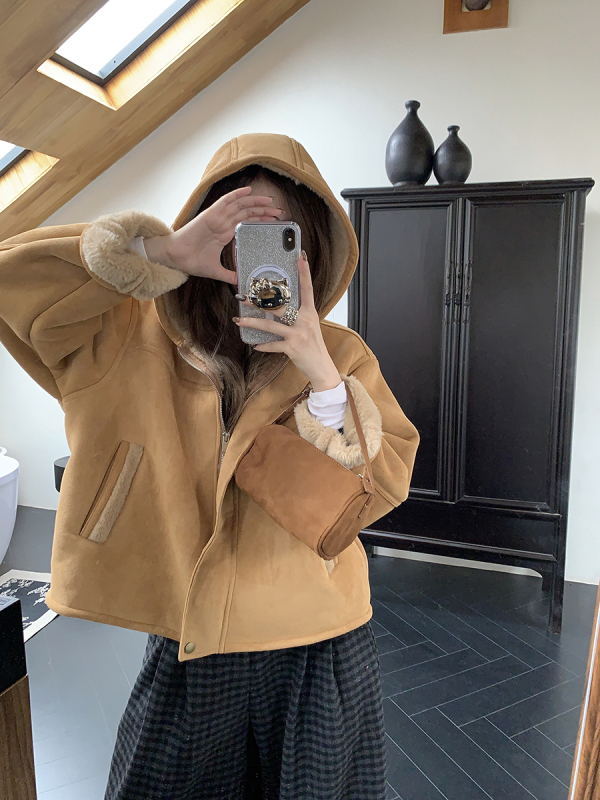 Hooded lambswool jacket, warm fleece top, loose thickened plaid woolen trousers