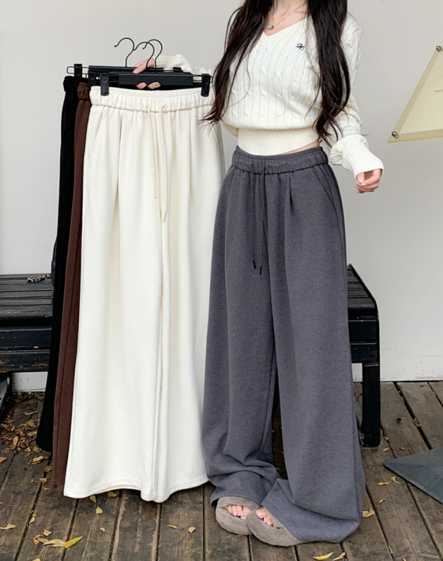 Lazy drawstring casual pants for women in autumn and winter, high-waisted, apricot-colored loose wide-leg pants, drapey floor-length trousers