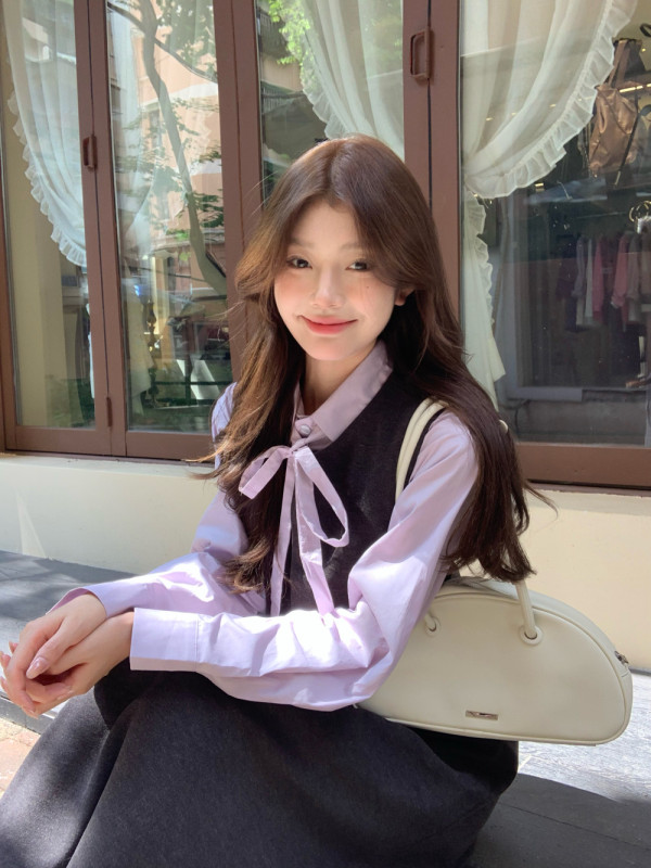 College Style Bow Tie Shirt Women's Early Autumn New Fashion Vest + Skirt Set
