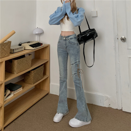 American retro strappy jeans for women in spring and autumn, high-waisted, straight-leg pants for small people, micro-flared pants, high-street micro-flared pants