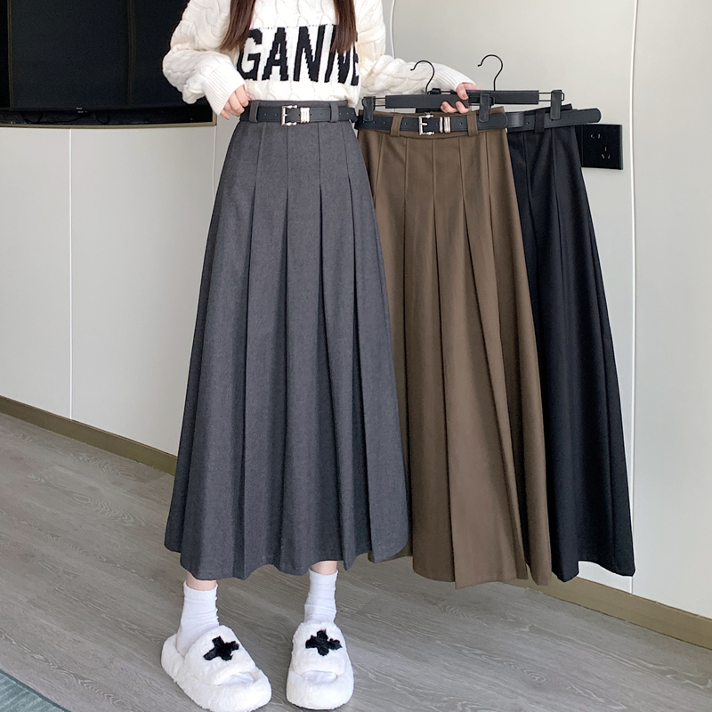 Real shot of woolen skirt for autumn and winter women's cover-up casual A-line skirt high waist pleated skirt mid-length