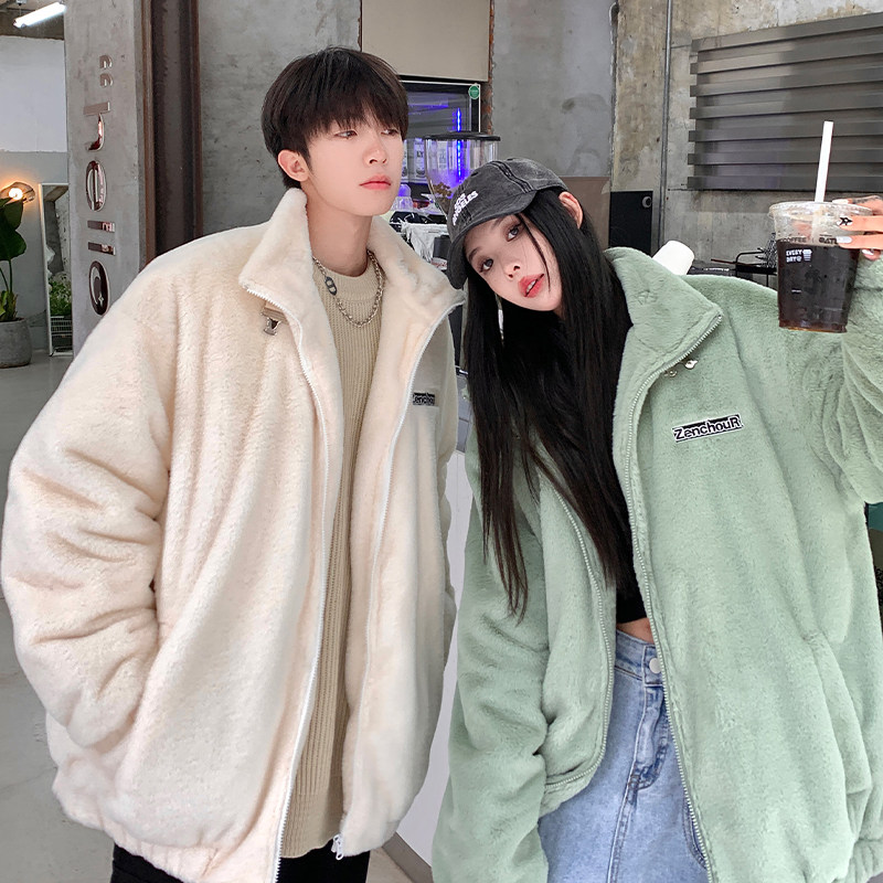 New imitation rabbit plush couple coat winter fashion solid color cotton coat for men and women