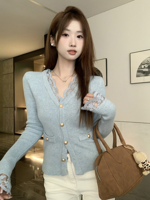 Temperament V-neck lace mini sweater cardigan