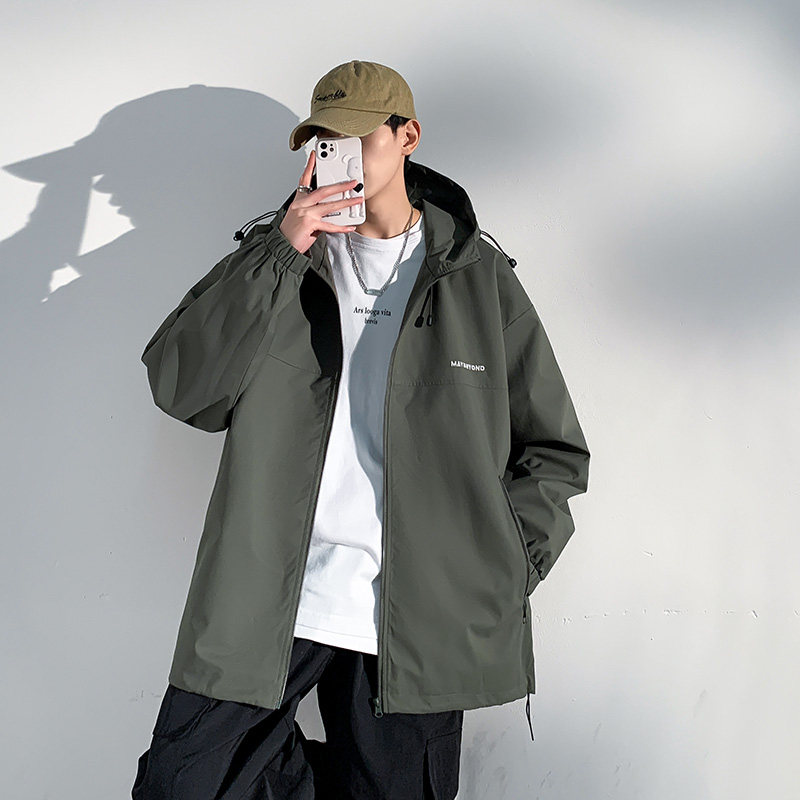 Hong Kong Style Jacket Men's Loose Drop Shoulder Loose Solid Color Hooded Jacket