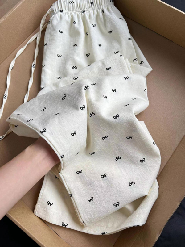 Korean style bow polka dot milk white casual pants for women 2024 summer loose straight straight wide leg pants trendy
