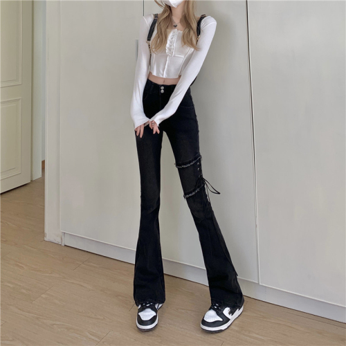 American retro strappy jeans for women in spring and autumn, high-waisted, straight-leg pants for small people, micro-flared pants, high-street micro-flared pants