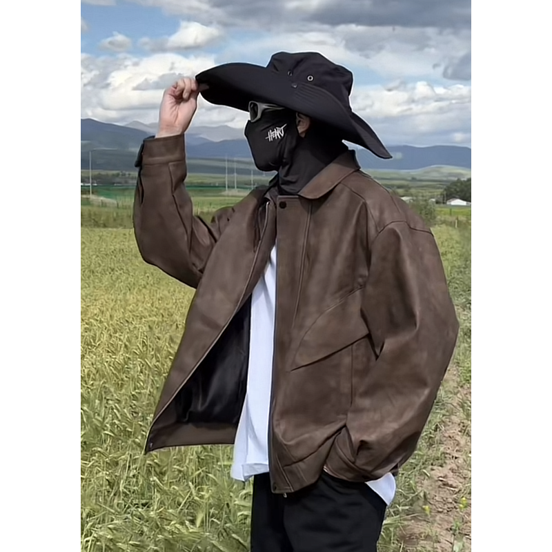 Net picture slice Maillard retro leather jacket men's PU leather jacket motorcycle jacket