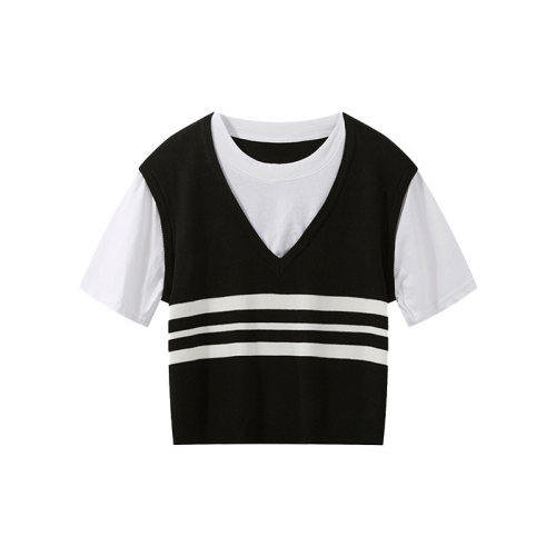 Korean sweet college style fake two-piece sweater for women summer new striped contrasting short-sleeved age-reducing top