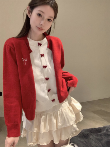 Embroidered bow fake two-piece design cardigan sweater for women in autumn and winter with white top