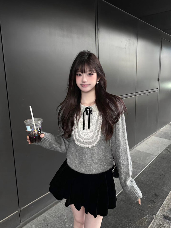 miu style daughter's lazy style bow pullover twist sweater women's design gray top autumn and winter