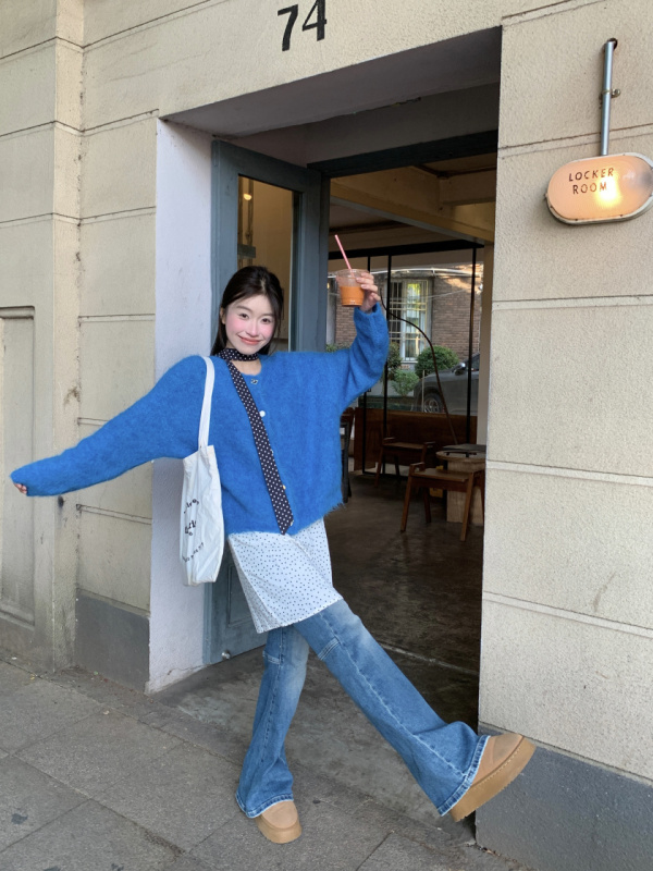 Korean style high-end soft and waxy Klein blue knitted cardigan imitation mink velvet sweater jacket for women