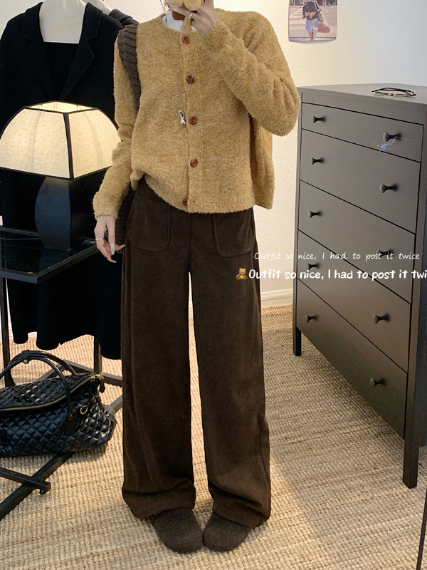 Lazy style sweater cardigan loose knitted sweater jacket high waist wide leg corduroy pants suit