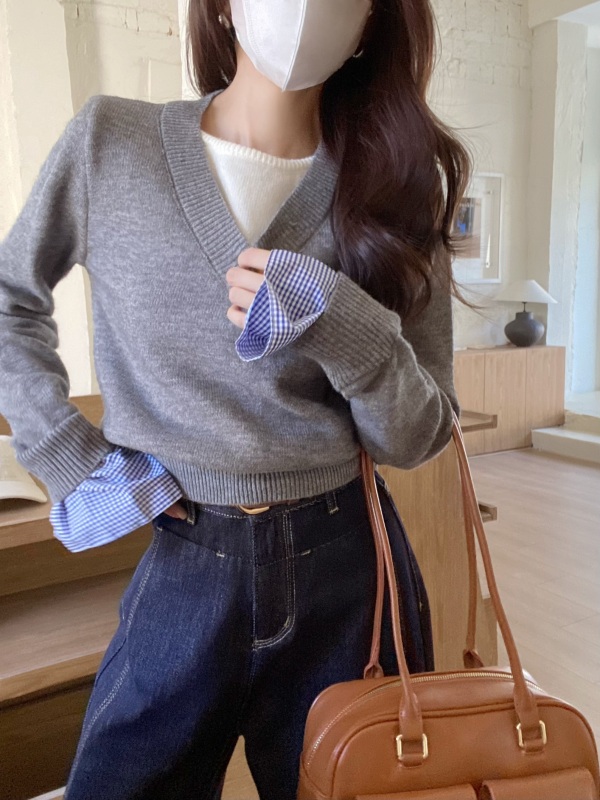 Design sense niche plaid stitching inner knitted sweater short sweater base for small people