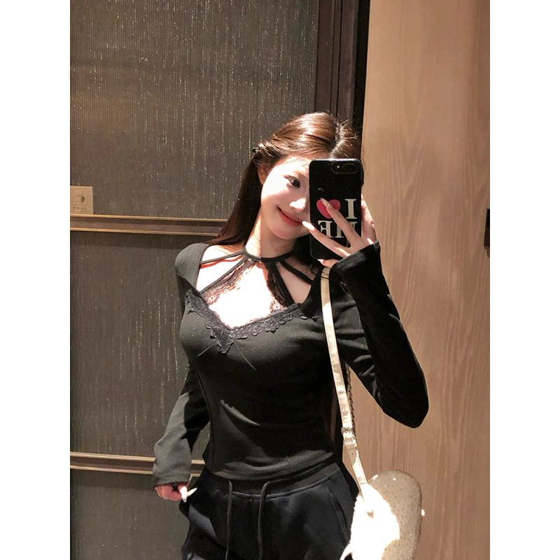Designed lace waist slimming halterneck long-sleeved bottoming shirt for women with knitted top