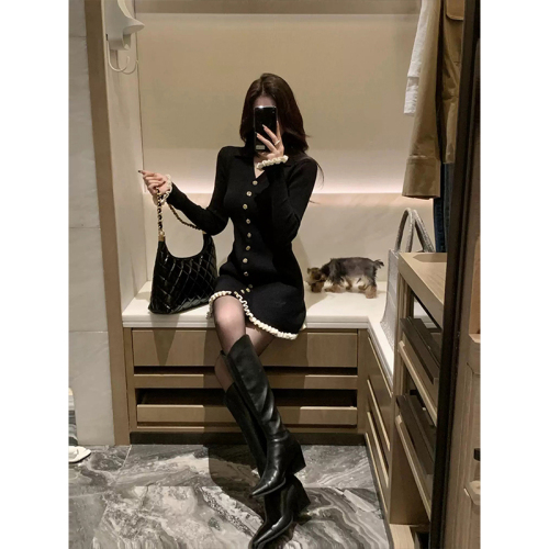 Hot girl temperament black long-sleeved knitted hip-hugging short skirt autumn and winter dress for women